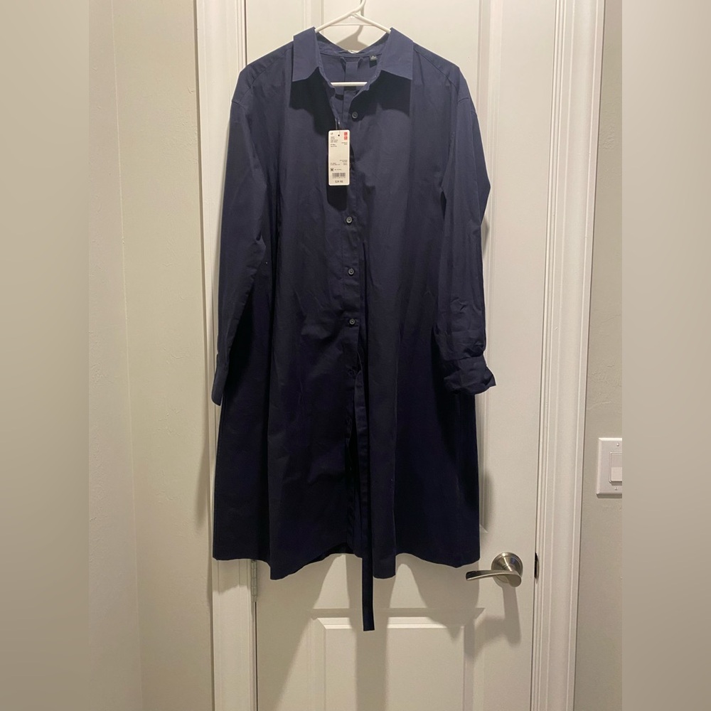 NWT Uniqlo Navy Blue Cotton Long Sleeve Shirt Dress W/Pockets & Belt SZ M Chic!